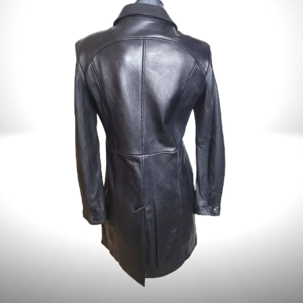 Kenneth Cole Reaction Black 100% Leather Coat – Size M – Tailored Long Jacket - Picture 7 of 11